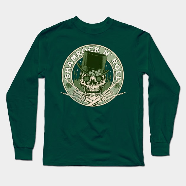 Shamrock and Roll - Rock and Roll Saint Patrick's Day Skull Long Sleeve T-Shirt by OrangeMonkeyArt